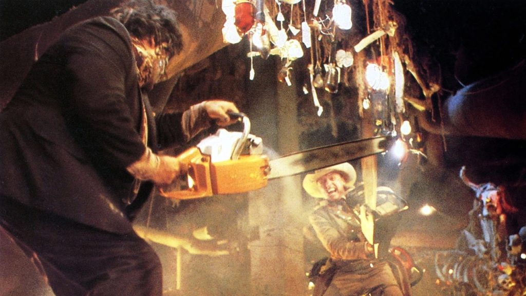 This is a film still from THE TEXAS CHAINSAW MASSACRE 2 dir Tobe Hooper (1986) at Genesis Cinema (14 August 2024).