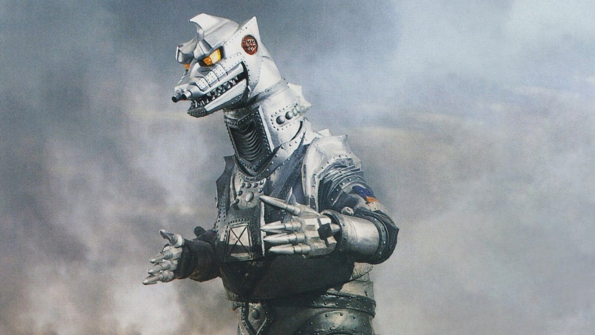This is a film still from TERROR OF MECHAGODZILLA featuring a giant robot dinosaur looking menacing.