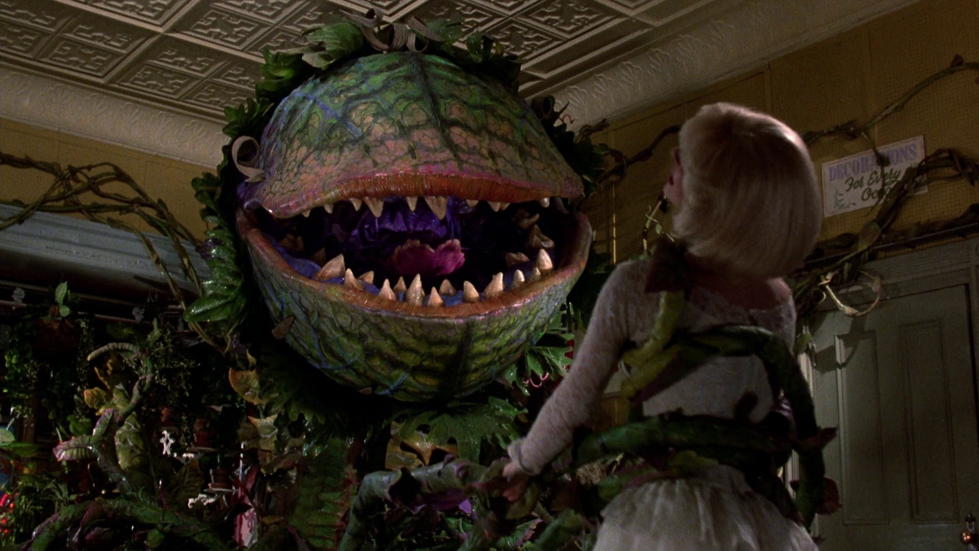This is a film still from LITTLE SHOP OF HORRORS shoing a giant monstrous plant holding a woman - Audrey - in its tendrils.