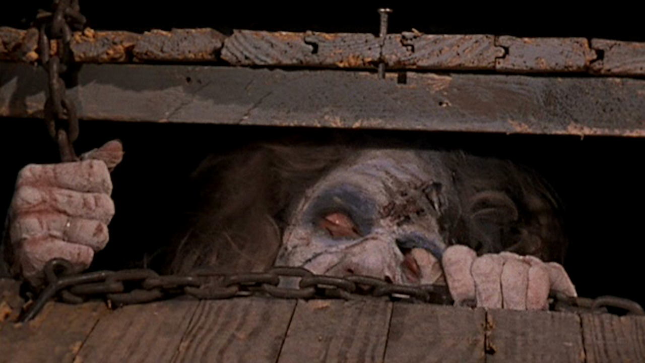This is a film still from THE EVIL DEAD dir Sam Raimi (1981) which screens from VHS at the launch of the new Bar Trash season VHS USA at Genesis Cinema (17 Jan 2024).