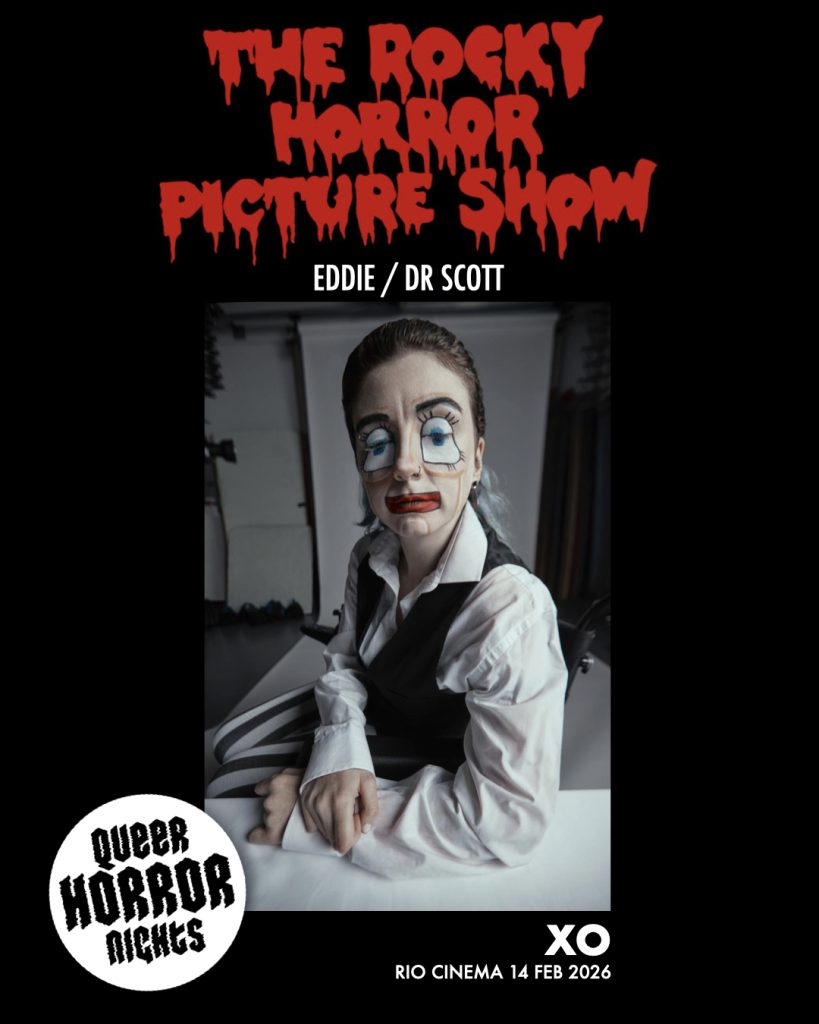 This is a graphic with a photograph of XO who will be playing the roles of Eddie and Dr Scott in our Queer Horror Nights 'Shadow Cabaret' screening of THE ROCKY HORROR PICTURE SHOW at the Rio Cinema (14 Feb 2026).