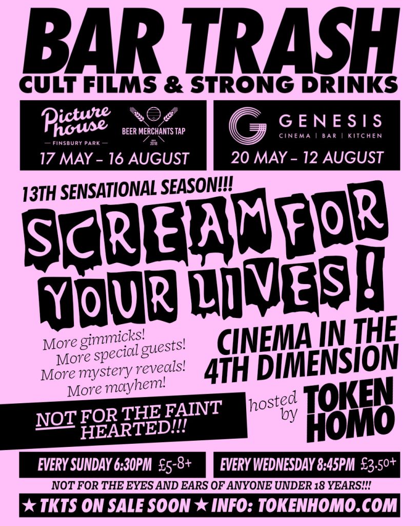 SCREAM FOR YOUR LIVES! This is a graphic summarising the highlights of the SCREAM FOR YOUR LIVES! film season of BAR TRASH, explained in the text of the post. 