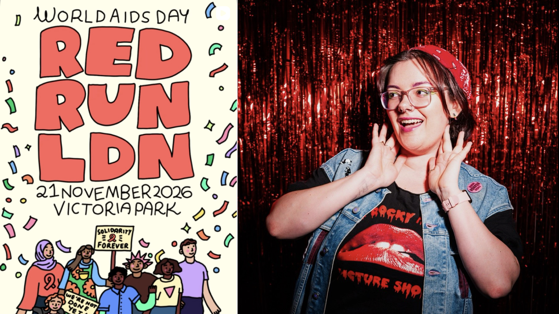 This is a red carpet photograph of Alannah Rose wearing a Rocky Horror Picture Show t-shirt, denim jacket, jeans and a red bandana standing in front of a glittery wall of red tinsel at Rio Cinema (02 May 2026).